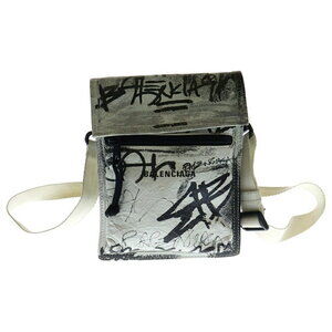 BALENCIAGA Graffiti Explorer Shoulder Bag Phone Black White Leather